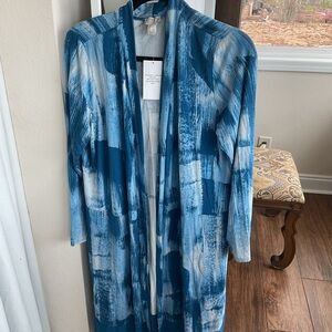 LOGO by Lori Goldstein Teal and Light Blue Abstract Open Cardigan